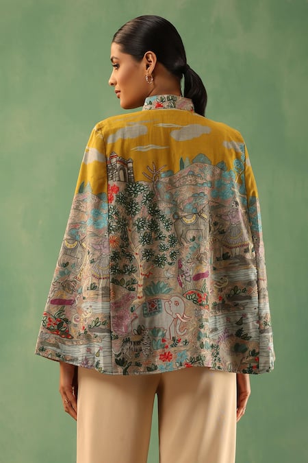 Shop Dusala Yellow Kalamkari Print Fine Wool Silk Cape at Aza Fashions Shop_Dusala_Yellow Kalamkari Print Fine Wool Silk Cape _at_Aza_Fashions