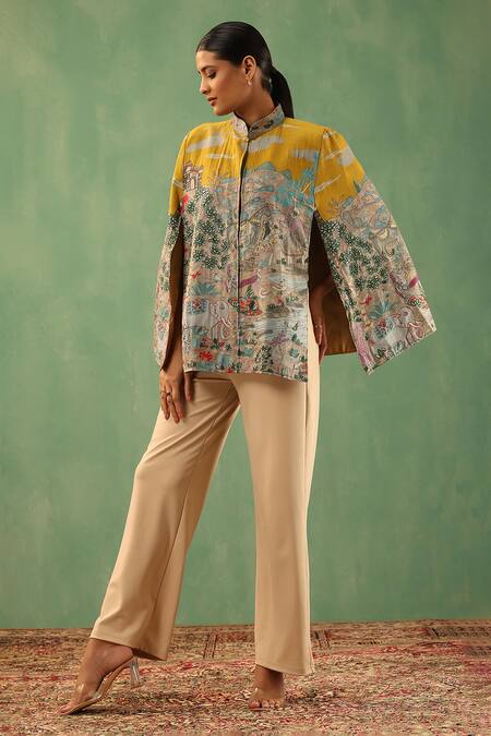 Dusala Yellow Kalamkari Print Fine Wool Silk Cape Online at Aza Fashions Dusala_Yellow Kalamkari Print Fine Wool Silk Cape _Online_at_Aza_Fashions