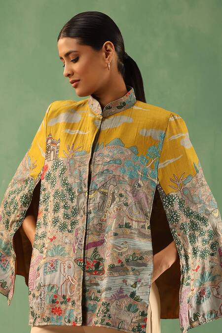 Buy Dusala Yellow Kalamkari Print Fine Wool Silk Cape Online at Aza Fashions Buy_Dusala_Yellow Kalamkari Print Fine Wool Silk Cape _Online_at_Aza_Fashions
