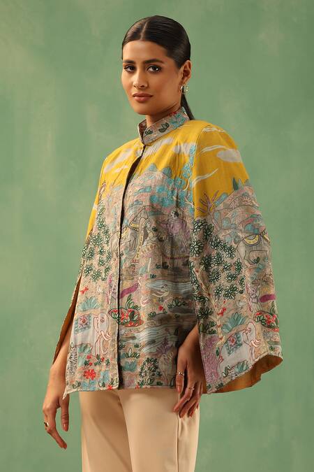 Shop Dusala Yellow Kalamkari Print Fine Wool Silk Cape Online at Aza Fashions Shop_Dusala_Yellow Kalamkari Print Fine Wool Silk Cape _Online_at_Aza_Fashions
