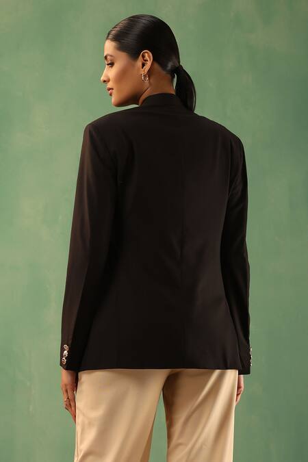 Shop_Dusala_Black Wool Rhinestones Revai Solid Blazer _at_Aza_Fashions