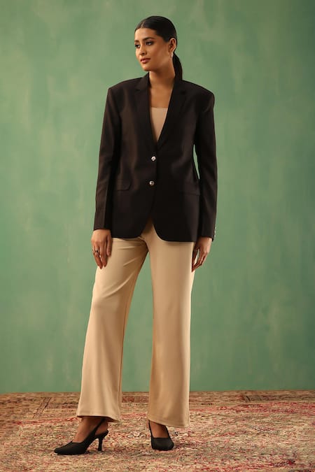 Dusala_Black Wool Rhinestones Revai Solid Blazer _Online_at_Aza_Fashions