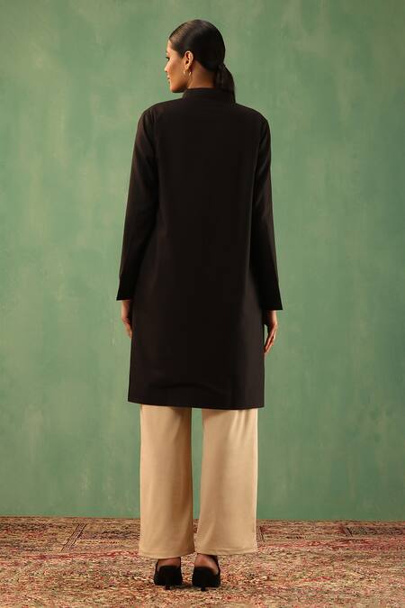 Shop_DUSALA_Black Wool Blend Solid Band Collar Long Jacket _at_Aza_Fashions