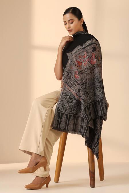 Dusala_Black Shwena Folk Culture Pattern Cashmere Fine Wool Stole_Online_at_Aza_Fashions