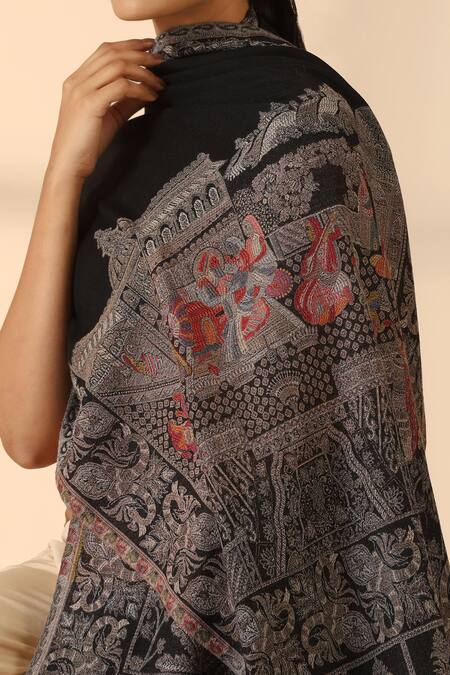 Buy_Dusala_Black Shwena Folk Culture Pattern Cashmere Fine Wool Stole_Online_at_Aza_Fashions