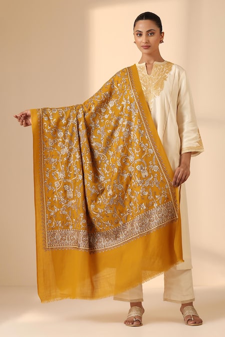 Shop_Dusala_Yellow Zania Cashmere Fine Wool Shawl _at_Aza_Fashions