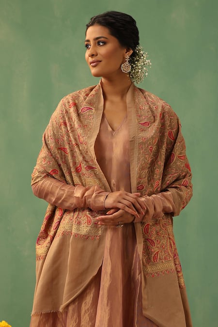 Shop Dusala Beige Naina Cashmere Stole at Aza Fashions Shop_Dusala_Beige Naina Cashmere Stole _at_Aza_Fashions