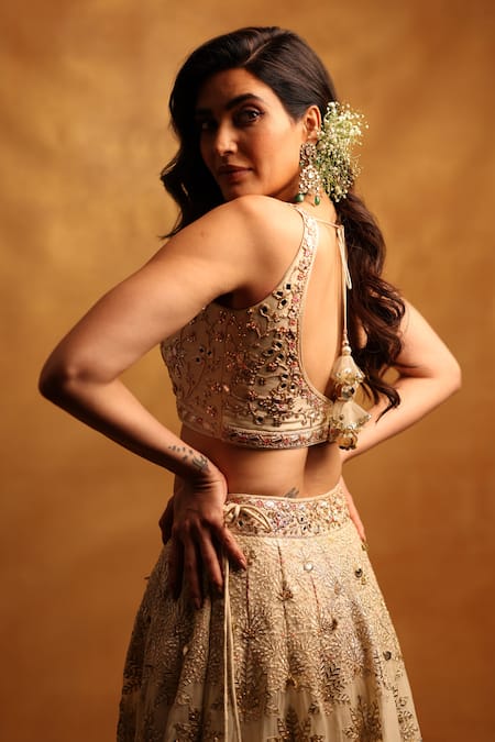 Shop_Gopi Vaid_Ivory Tussar, Organza Embroidery, Gota Karishma Floral Embellished Lehenga Set _at_Aza_Fashions