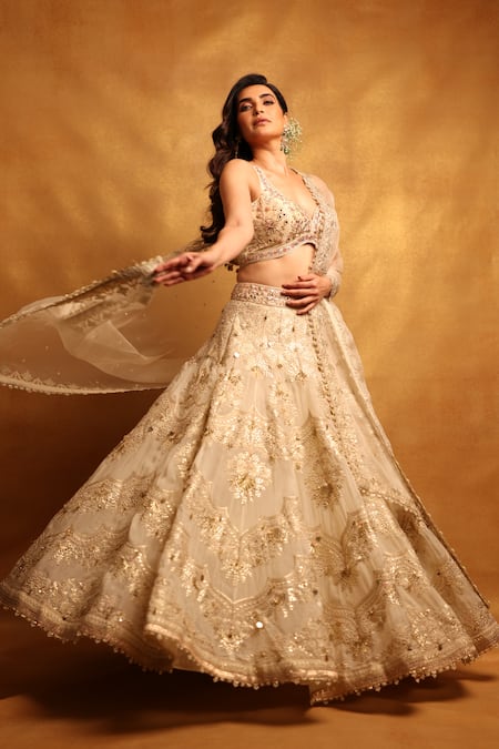 Buy_Gopi Vaid_Ivory Tussar, Organza Embroidery, Gota Karishma Floral Embellished Lehenga Set _Online_at_Aza_Fashions