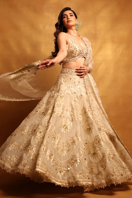 Shop_Gopi Vaid_Ivory Tussar, Organza Embroidery, Gota Karishma Floral Embellished Lehenga Set _Online_at_Aza_Fashions