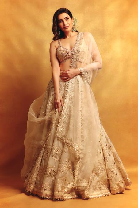 Gopi Vaid_Ivory Tussar, Organza Embroidery, Gota Karishma Floral Embellished Lehenga Set _at_Aza_Fashions