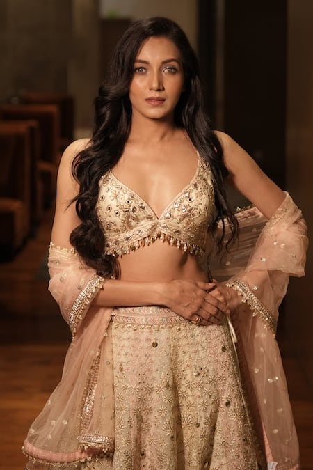 Gopi Vaid_Ivory Tussar, Net Embroidery, Sequins, Beads Roma Floral Embellished Lehenga Set _Online_at_Aza_Fashions