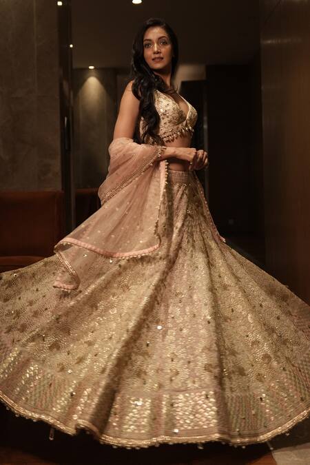 Shop_Gopi Vaid_Ivory Tussar, Net Embroidery, Sequins, Beads Roma Floral Embellished Lehenga Set _Online_at_Aza_Fashions