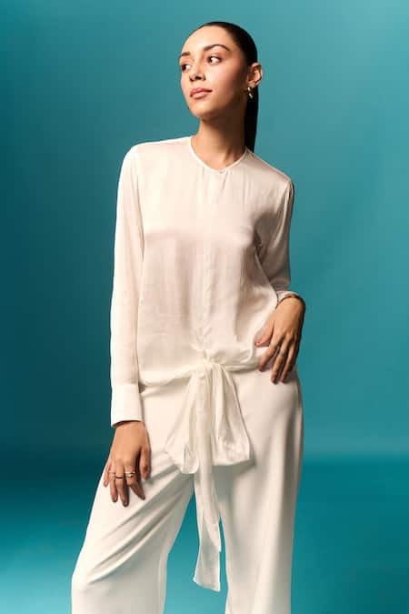 Emblaze White Modal Round Neck Solid Front Tie Top