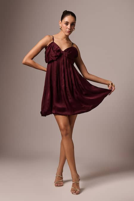 Emblaze Wine Satin Plain Sweetheart Neck Bow Dress 