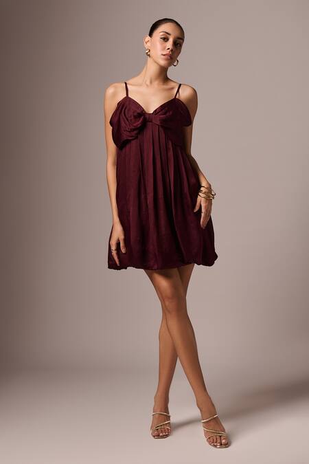 Shop_Emblaze_Wine Satin Sweetheart Neck Bow Dress _Online_at_Aza_Fashions