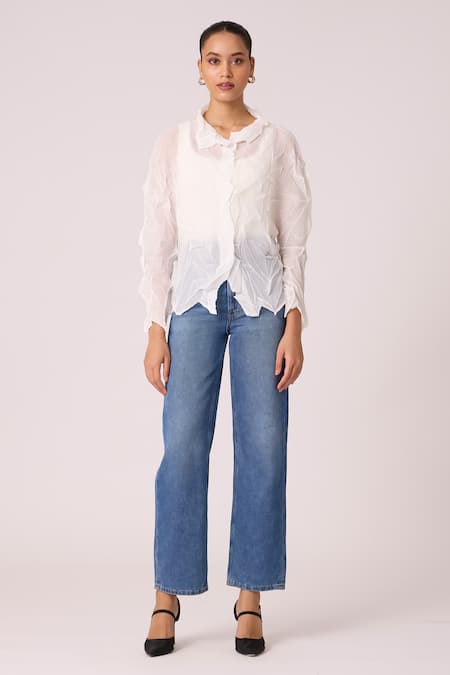 Buy Scarlet Sage White Polyester Collared Paige Pleat Detailed Sheer Shirt Buy_Scarlet Sage_White Polyester Collared Paige Pleat Detailed Sheer Shirt