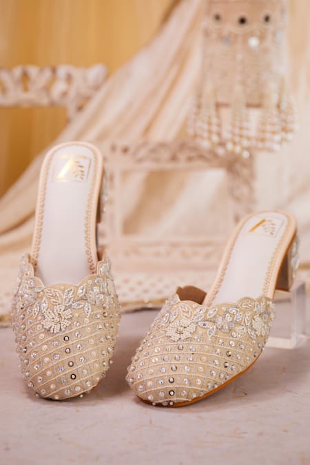 Buy House Of Vian White Pearls, Sequins, Diamonds Chandani Dabka Embroidered Mule Heels Online at Aza Fashions Buy_House Of Vian_White Pearls, Sequins, Diamonds Chandani Dabka Embroidered Mule Heels _Online_at_Aza_Fashions