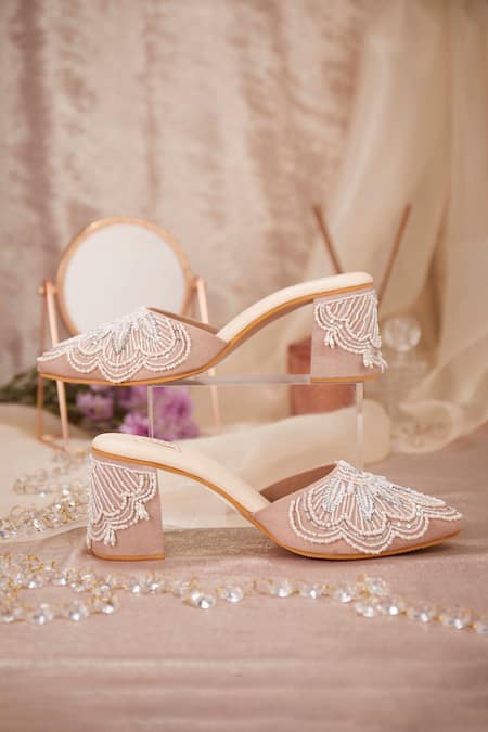 House Of Vian_Pink Pearls, Sequins Estelle Geometric Embroidered Mule Heels _Online_at_Aza_Fashions
