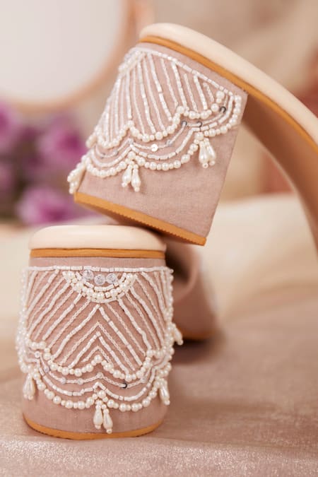 Buy_House Of Vian_Pink Pearls, Sequins Estelle Geometric Embroidered Mule Heels _Online_at_Aza_Fashions