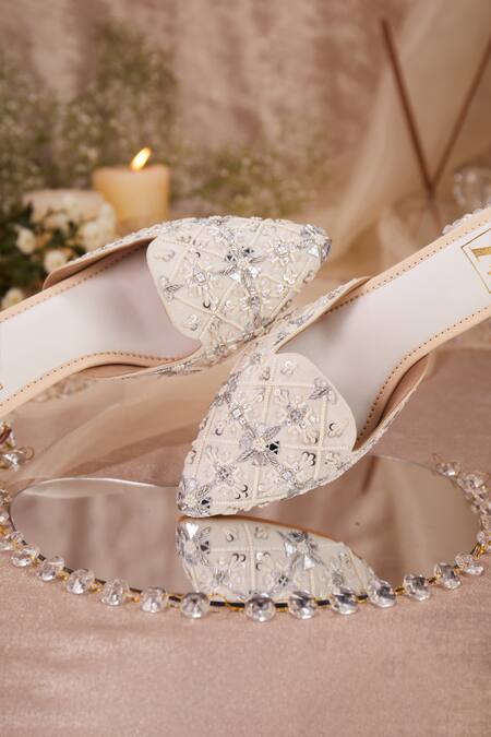 House Of Vian_White Mirrors, Pearls, Sequins, Diamonds Ilina Tonal Embroidered Mule Heels _Online_at_Aza_Fashions