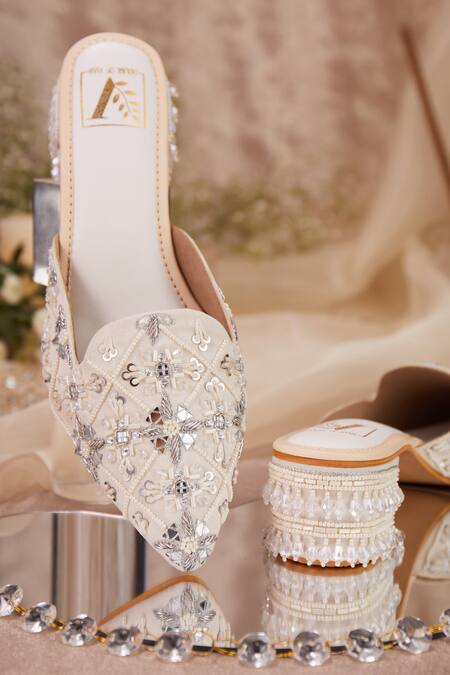 Buy_House Of Vian_White Mirrors, Pearls, Sequins, Diamonds Ilina Tonal Embroidered Mule Heels _Online_at_Aza_Fashions