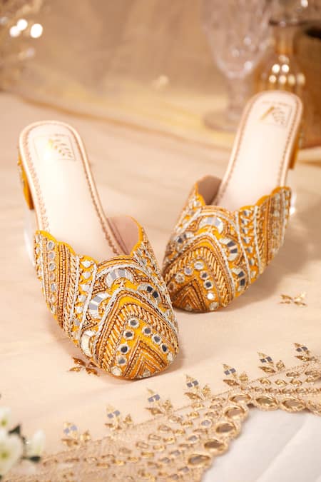Shop House Of Vian Yellow Mirrors, Sequins, Zari Mahira Zardozi Embroidered Mule Heels at Aza Fashions Shop_House Of Vian_Yellow Mirrors, Sequins, Zari Mahira Zardozi Embroidered Mule Heels _at_Aza_Fashions