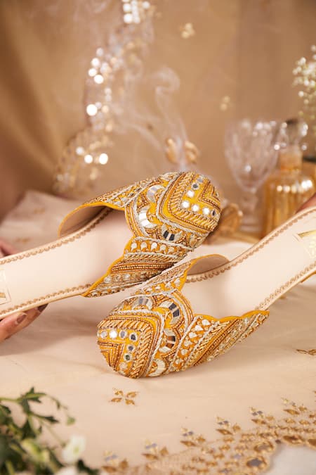 House Of Vian Yellow Mirrors, Sequins, Zari Mahira Zardozi Embroidered Mule Heels Online at Aza Fashions House Of Vian_Yellow Mirrors, Sequins, Zari Mahira Zardozi Embroidered Mule Heels _Online_at_Aza_Fashions
