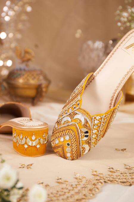 Buy House Of Vian Yellow Mirrors, Sequins, Zari Mahira Zardozi Embroidered Mule Heels Online at Aza Fashions Buy_House Of Vian_Yellow Mirrors, Sequins, Zari Mahira Zardozi Embroidered Mule Heels _Online_at_Aza_Fashions
