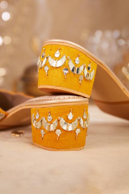 House Of Vian Yellow Mirrors, Sequins, Zari Mahira Zardozi Embroidered Mule Heels at Aza Fashions House Of Vian_Yellow Mirrors, Sequins, Zari Mahira Zardozi Embroidered Mule Heels _at_Aza_Fashions