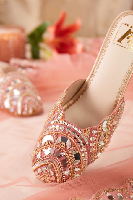 House Of Vian_Pink Mirrors, Sequins, Beads Mahnaz Dabka Embroidered Mirrorwork Mule Heels _Online_at_Aza_Fashions