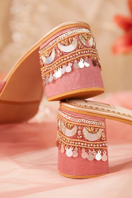 Shop_House Of Vian_Pink Mirrors, Sequins, Beads Mahnaz Dabka Embroidered Mirrorwork Mule Heels _Online_at_Aza_Fashions