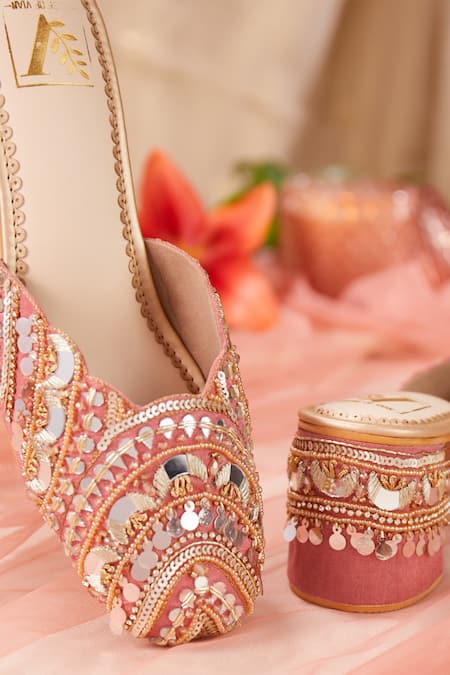 House Of Vian_Pink Mirrors, Sequins, Beads Mahnaz Dabka Embroidered Mirrorwork Mule Heels _at_Aza_Fashions