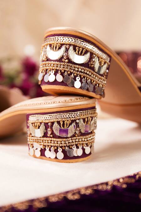 House Of Vian_Wine Mirrors, Sequins, Beads Mahnaz Embroidered Mirrorwork Mule Heels _Online_at_Aza_Fashions