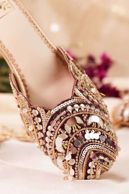 Buy_House Of Vian_Wine Mirrors, Sequins, Beads Mahnaz Embroidered Mirrorwork Mule Heels _Online_at_Aza_Fashions