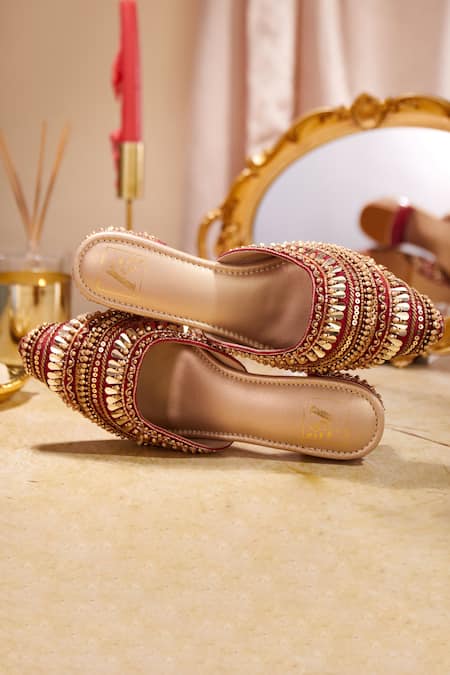 House Of Vian_Red Sequins, Beads Pariza Embellished Mule Heels _Online_at_Aza_Fashions