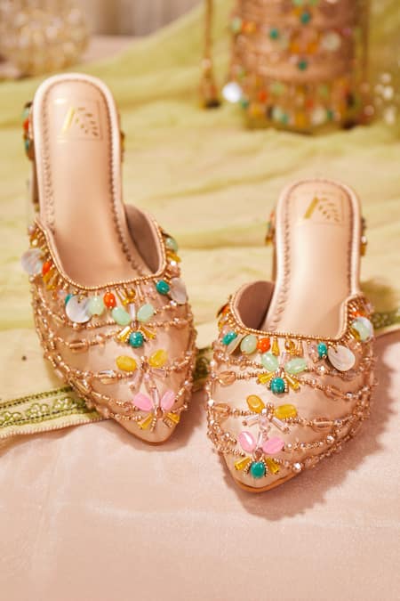 House Of Vian Zubeda Stone Embroidered Mule Heels 