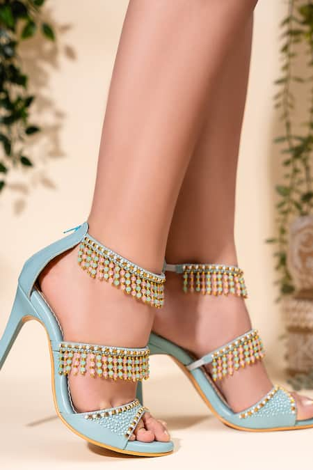 HOUSE OF PRISCA Blue Bead Jodhpur Embroidered Heels 