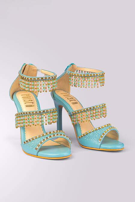 Shop_House Of Prisca_Blue Cut Work, Beads Jodhpur Embroidered Heels_at_Aza_Fashions