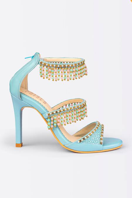 House Of Prisca_Blue Cut Work, Beads Jodhpur Embroidered Heels_Online_at_Aza_Fashions