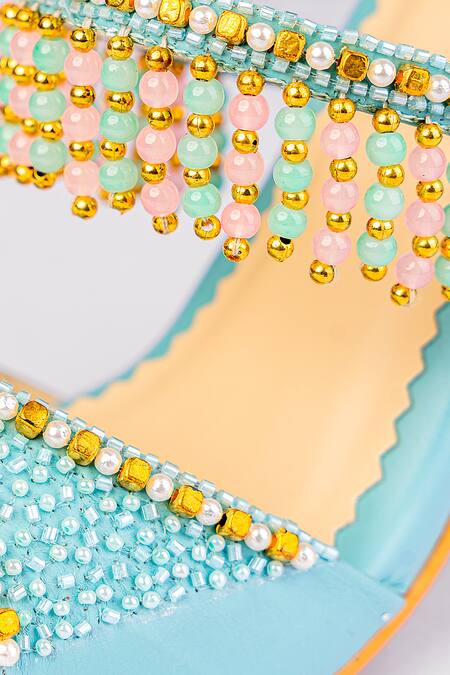 Shop_House Of Prisca_Blue Cut Work, Beads Jodhpur Embroidered Heels_Online_at_Aza_Fashions