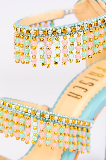 House Of Prisca_Blue Cut Work, Beads Jodhpur Embroidered Heels_at_Aza_Fashions