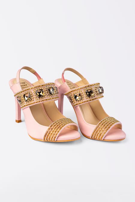 Shop_House Of Prisca_Pink Crystals, Beads, Cut Work Studded Heels_at_Aza_Fashions