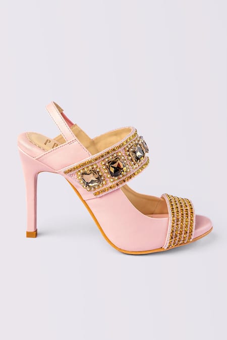 House Of Prisca_Pink Crystals, Beads, Cut Work Studded Heels_Online_at_Aza_Fashions