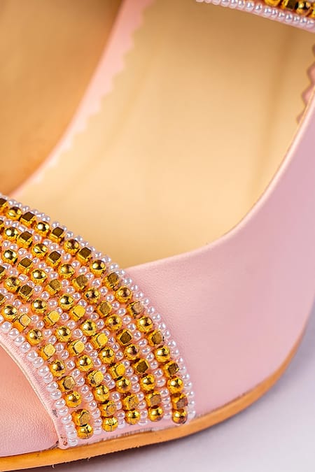 Shop_House Of Prisca_Pink Crystals, Beads, Cut Work Studded Heels_Online_at_Aza_Fashions