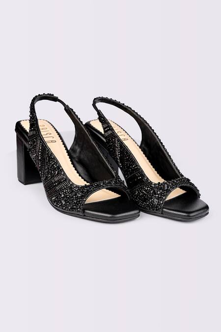 Shop House Of Prisca Black Cut Work, Beads Embroidered Heels at Aza Fashions Shop_House Of Prisca_Black Cut Work, Beads Embroidered Heels_at_Aza_Fashions