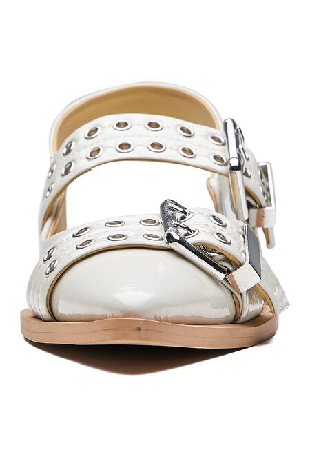 Buy_Dang Shoes_Off White Eyelets Juliana Embellished Leather Ballerina Flats_Online_at_Aza_Fashions