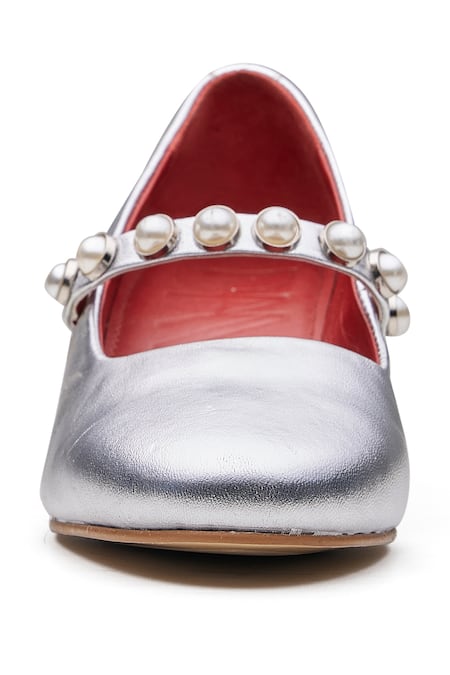 Dang Shoes_Silver Pearl Embellished Block Heels_Online_at_Aza_Fashions