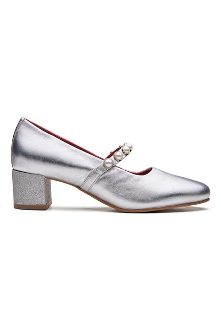 Buy_Dang Shoes_Silver Pearl Embellished Block Heels_Online_at_Aza_Fashions