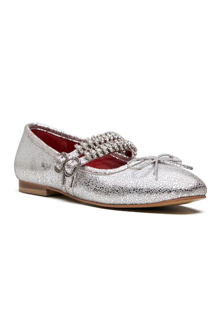 Dang Shoes Silver Stone Sylvie Metallic Double Strap Ballerina Flats 